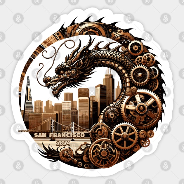 Steampunk Dragon Over San Francisco- Lunar New Year 2024 Sticker by 2HivelysArt